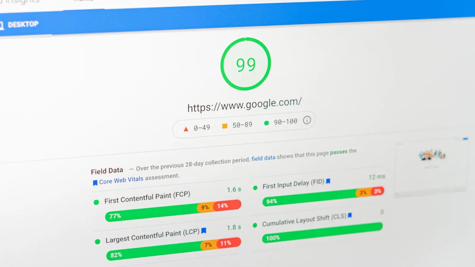 PageSpeed Insights rezultat 99 i Core Web Vitals